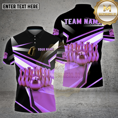 Maxcorners Bowling Shirt – Gold Bowling Pins & Ball Metallic 3D Design – Multi Options Personalized Name, Team Name 3D Shirt