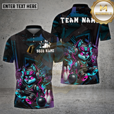 Maxcorners Bowling Shirt – Neon Cyber Wolf Cartoon with Bowling Pins & Ball – Multi Options Personalized Name, Team Name 3D Shirt
