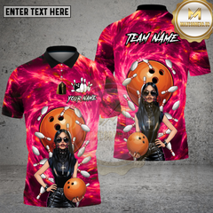 Maxcorners Bowling Shirt Gothic Girl Orange Ball Blue Galaxy Background Multi Options Personalized Name, Team Name 3D Shirt