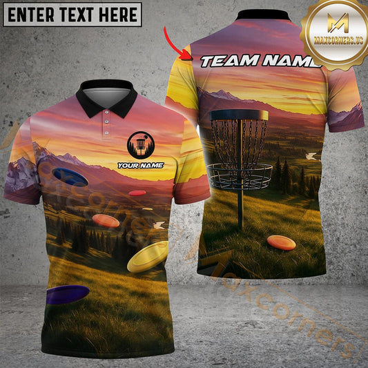 Maxcorners Sunset Mountain Disc Golf Polo Customized Name, Team Name 3D Shirts