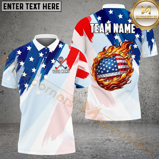Maxcorners Golf American Flag Flame Customized Name, Team Name 3D Shirt