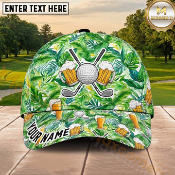 Maxcorners Golf Tropical Leaves Beer and Crossed Clubs Personalized Name 3D Classic Cap