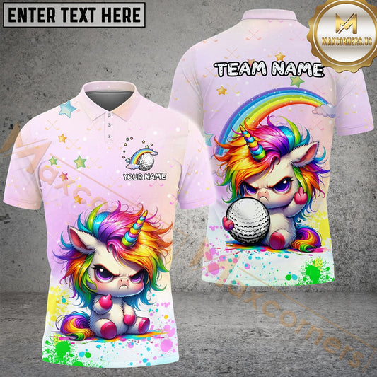 Maxcorners Golf Cute Angry Unicorn Rainbow Customized Name, Team Name 3D Shirt