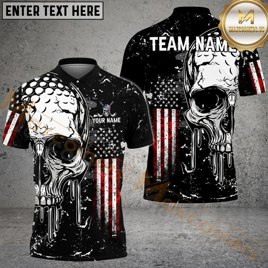 Maxcorners Golf American Flag Skull Customized Name, Team Name 3D Shirt
