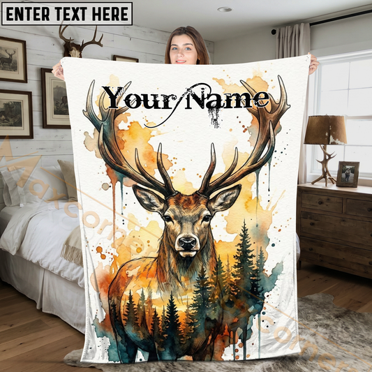 Maxcorners Sunset Forest Deer Watercolor Portrait Personalized 3D Blanket