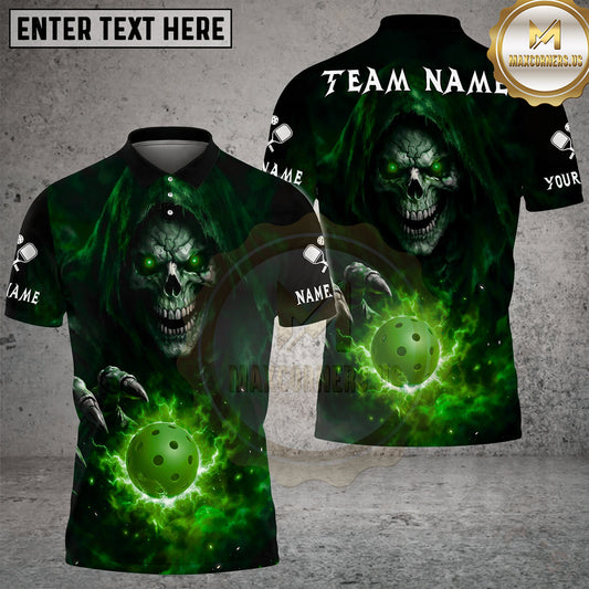 Maxcorners Pickleball Polo Silent Grim Reaper Fire Multiple Options Personalized Name, Team Name 3D Shirt