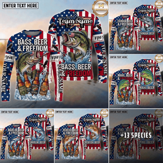 (13 Breeds) Maxcorners Fishing American Flag Fish Hard Sleep Later Bandana Sunglasses Design Custom Name & Team Name 3D Shirts