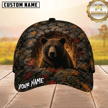 Maxcorners Hunting Black Brown Gray Bear Autumn Leaves Rocky Cave Customized Name 3D Cap