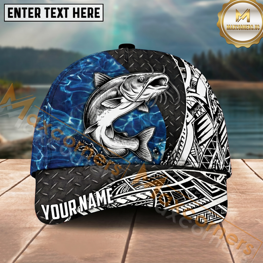 Maxcorners Fishing Blue Water Tribal Metal Personalized Name 3D Cap (12 Fish Species)
