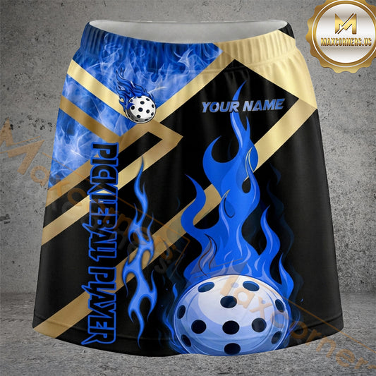 Maxcorners Pickleball Blue Gold Flame Stripe Ball Personalized 3D Skort, Skirts With Shorts