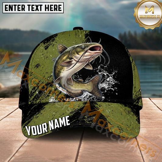 Maxcorners Fishing Olive Black Grunge Water Splash Personalized Name 3D Cap (12 Fish Species)