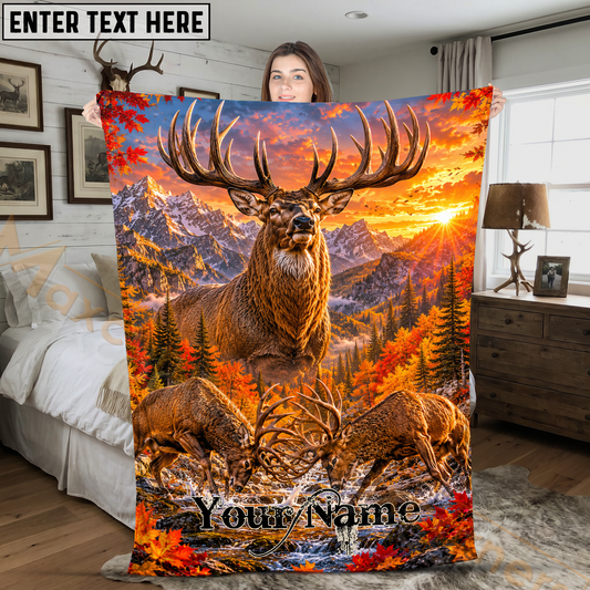 Maxcorners Proud Red Deer Fighting in River Rocky Mountain Sunset Personalized 3D Blanket