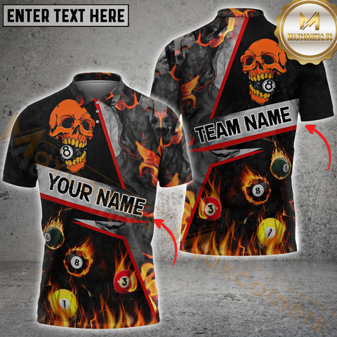 Maxcorners Billiard Skull Ball Flame Personalized Name, Team Name 3D Shirt