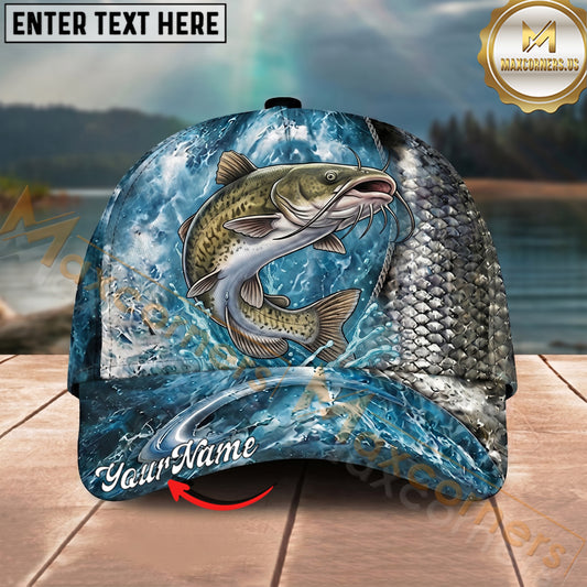 Maxcorners Fishing Silver Scale Water Splash Personalized Name 3D Cap (12 Fish Species)