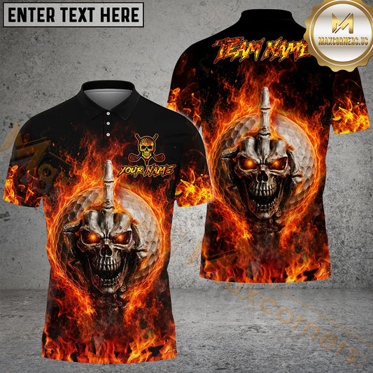Maxcorners Golf Flaming Skull Face Skeleton Middle Finger Personalized Name, Team Name 3D Shirt (4 Colors)
