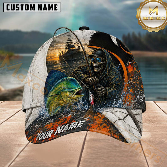 Maxcorners Fishing Skull Fisherman Orange Black Personalized 3D Cap