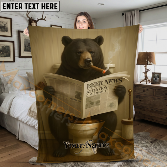 Maxcorners Humorous Black Bear Smoking Cigar Reading Beer News on Toilet Personalized 3D Blanket