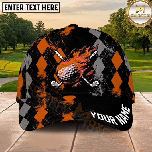 Maxcorners Golf Flaming Ball Crossed Clubs Argyle Pattern Personalized Name 3D Classic Cap