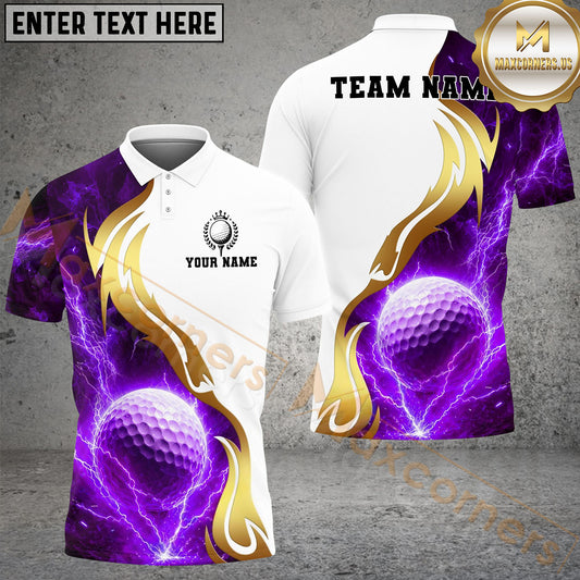 Maxcorners Golf White Golden Lightning Personalized Name, Team Name 3D Shirt (4 Colors)