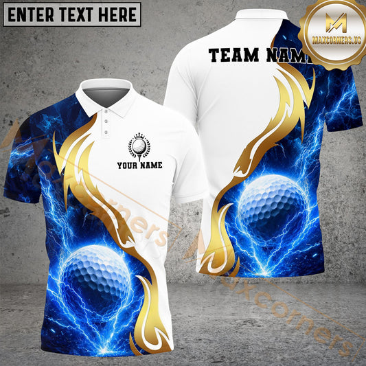 Maxcorners Golf White Golden Lightning Personalized Name, Team Name 3D Shirt (4 Colors)