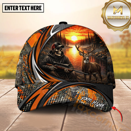 Maxcorners Deer Hunting Skull Hunter Sunset Camo Multiple Options Personalized Name 3D Cap