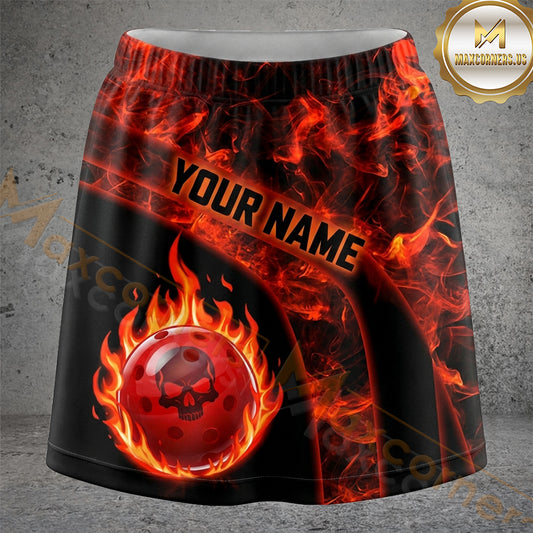 Maxcorners Pickleball Red Black Flaming Ball Personalized 3D Skort, Skirts With Shorts