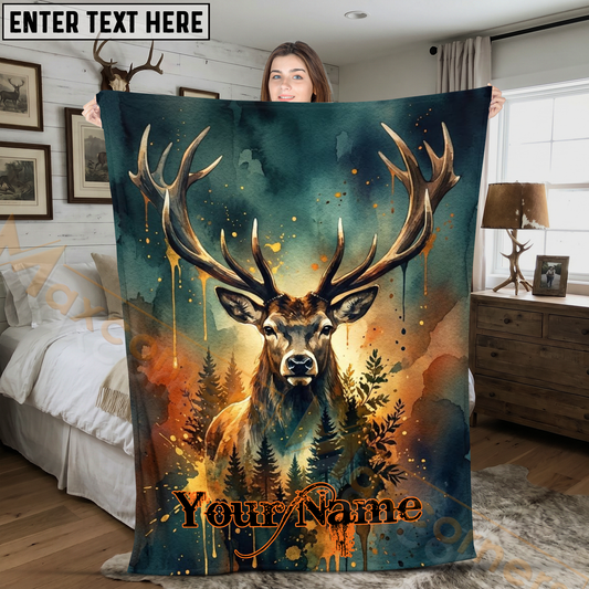 Maxcorners Majestic Watercolor Stag Forest Silhouette Personalized 3D Blanket