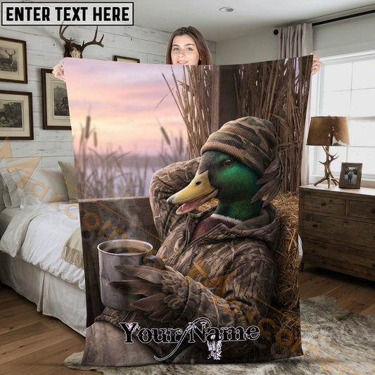 Maxcorners Cute Mallard Duck Hunter Drinking Hot Coffee in Blind Personalized 3D Blanket