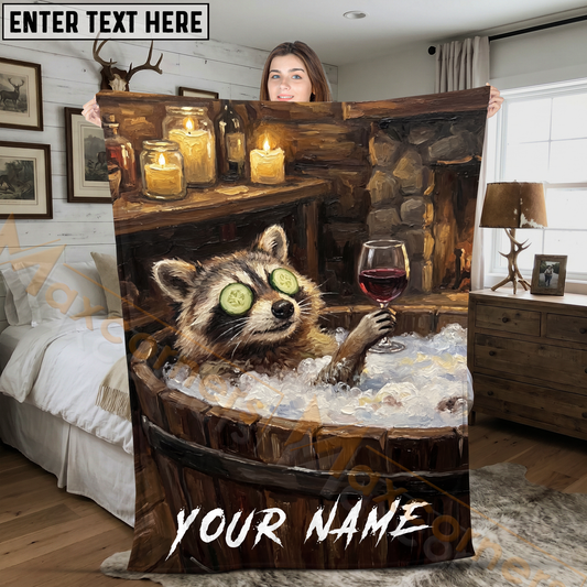 Maxcorners Cozy Raccoon Relaxing in Bubble Bath with Red Wine Personalized 3D Blanket