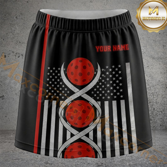 Maxcorners Pickleball Black Gray Stripe Red Ball Personalized 3D Skort, Skirts With Shorts