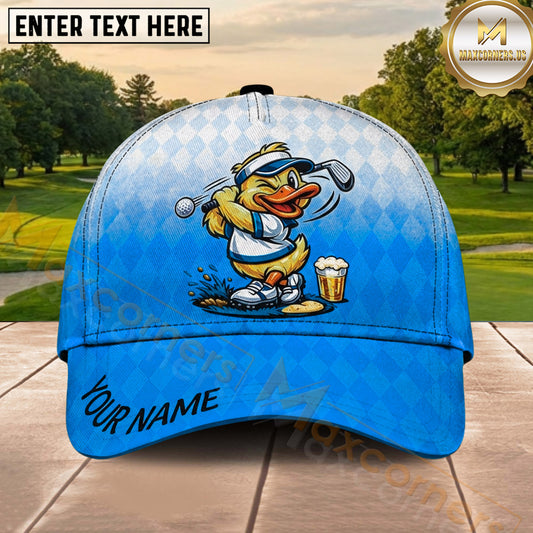 Maxcorners Golf Funny Duck Golfer Beer Lover Diamond Pattern Personalized Name 3D Classic Cap