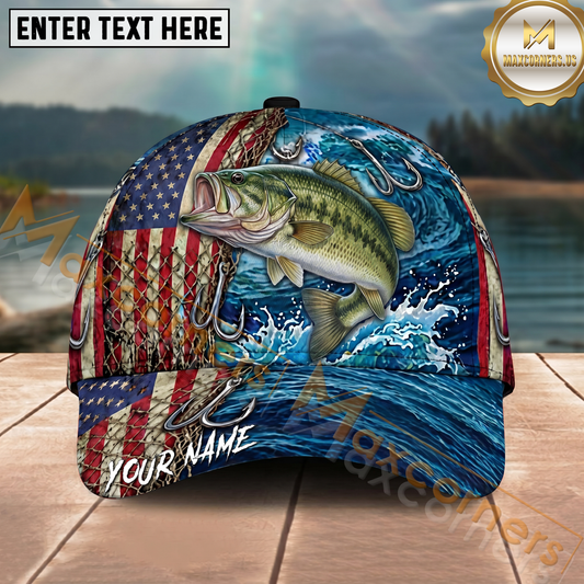 Maxcorners Fishing American Flag Wave Hook Personalized Name 3D Cap (12 Fish Species)