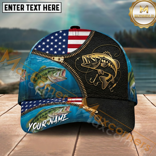 Maxcorners Fishing American Flag Leather Zipper Personalized Name 3D Cap (12 Fish Species)