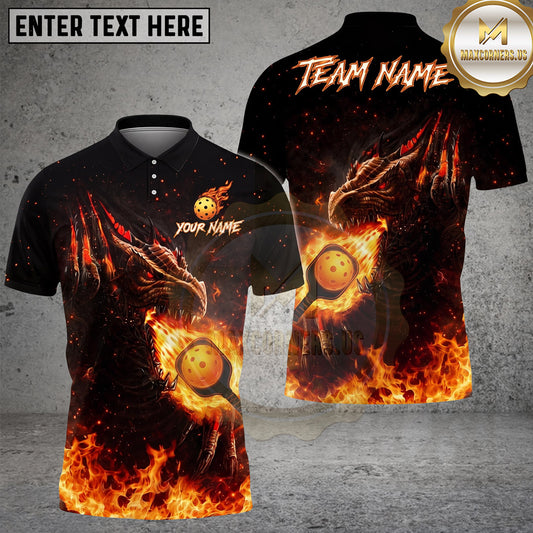 Maxcorners Pickleball Polo Fire-Breathing Dragon Multiple Options Personalized Name, Team Name 3D Shirt