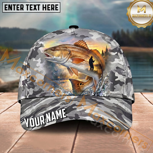 Maxcorners Fishing Gray Camo Sunset Angler Personalized Name 3D Cap (12 Fish Species)