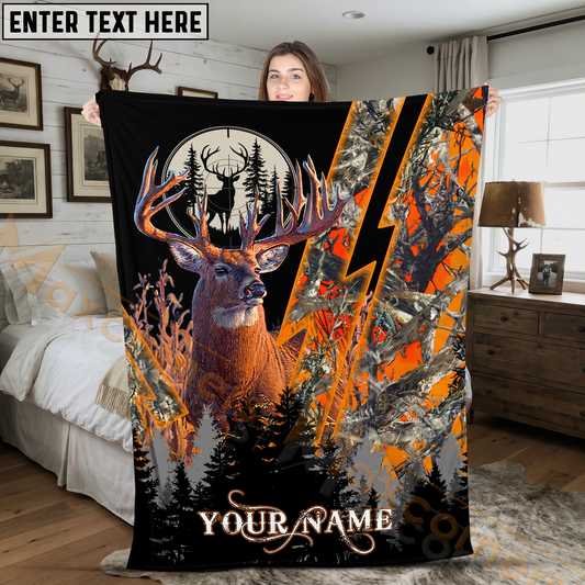 Maxcorners Deer Hunting Buck Lightning Strike Orange Camo Forest Personalized 3D Blanket