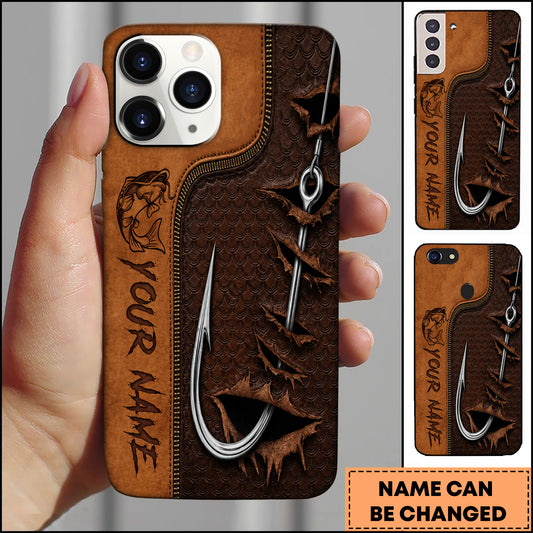 Maxcorners Fishing Hook Ripped Leather Multicolor Options Personalized Name 3D Shirt (12 Fish Species)