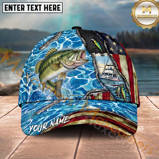 Maxcorners Fishing Ripped American Flag Boat Lure Personalized Name 3D Cap (12 Fish Species)