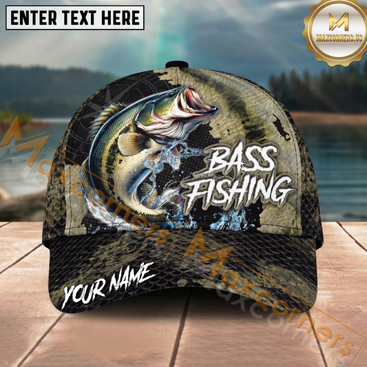 Maxcorners Fishing Dark Olive Scale Compass Splash Personalized Name 3D Cap (12 Fish Species)