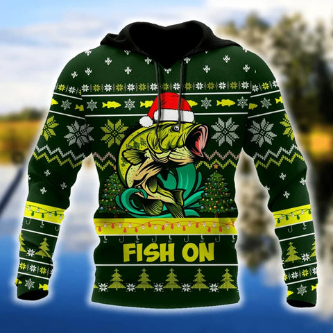 Maxcorners BASS FISHING FISH ON CHRISTMAS Customize Name 3D Shirt