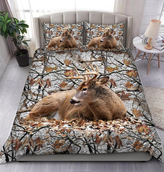 Maxcorners Deer Hunting Snow Camo Pattern All Over Printed Bedding Set