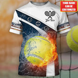 Maxcorners Custom Name 3D Tennis Tshirt, Tennis Shirt With Fire Ball Pattern, Tennis Team Lover, Tennis Lover Gift