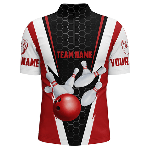 Maxcorners Strike Bowling Ball And Pins Custom Name Zipper Polo Shirt