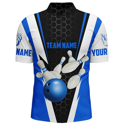 Maxcorners Blue Strike Bowling Ball And Pins Custom Name Zipper Polo Shirt