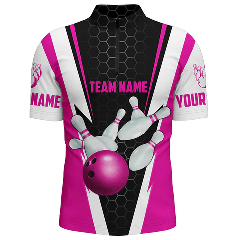Maxcorners Pink Strike Bowling Ball And Pins Custom Name Zipper Polo Shirt