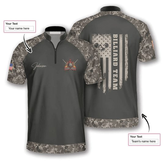Maxcorners Retro Camouflage Flag Billiard Custom Name Zipper Polo Shirt