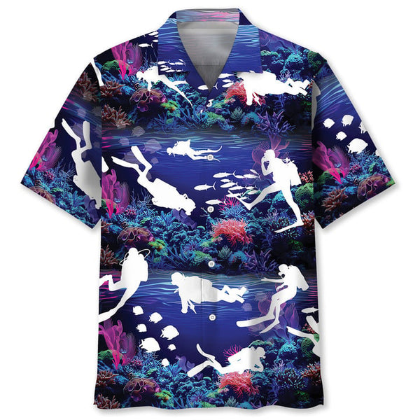 Maxcorners Scuba Diving With Neon Coral Ocean Colorful Hawaiian Shirt
