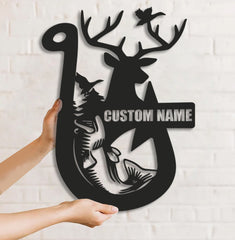 Maxcorners Personalized Hunting Metal Sign WITH LED/WITHOUT LED Light Fishing Wall Art Deer Head Sign Hunter Gift Duck Hunting Sign Bass Fishing Decor LM0110