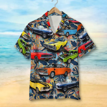 Custom Muscle Car Photo Hawaiian Shirt, Red Flowers Pattern