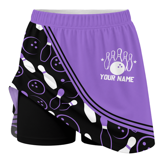 Maxcorners Customized Bowling Trouser Skirts With Shorts Underneath, Bowling Curve Pattern Multicolor Skorts With Pockets